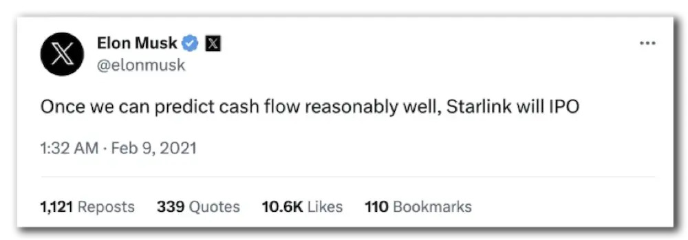 Elon Musk tweet: Once we can predict cash flow reasonbly well, Starlink will IPO