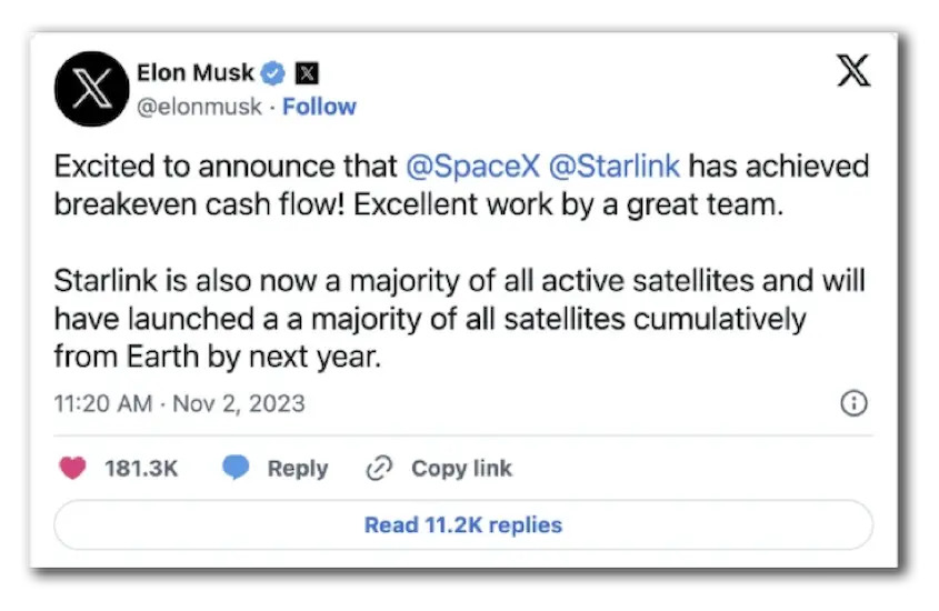Elon Musk tweet: Excited to announce that SpaceX Starlink has achieved breakeven cash flow!...